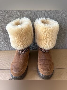 UGG Chestnut Suede Shearling-Lined Tall Boots with Woven Trim